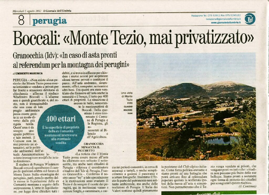 thumbnail of 01.08.2012 Giornale dell’Umbria – Monte Tezio, mai privatizzato