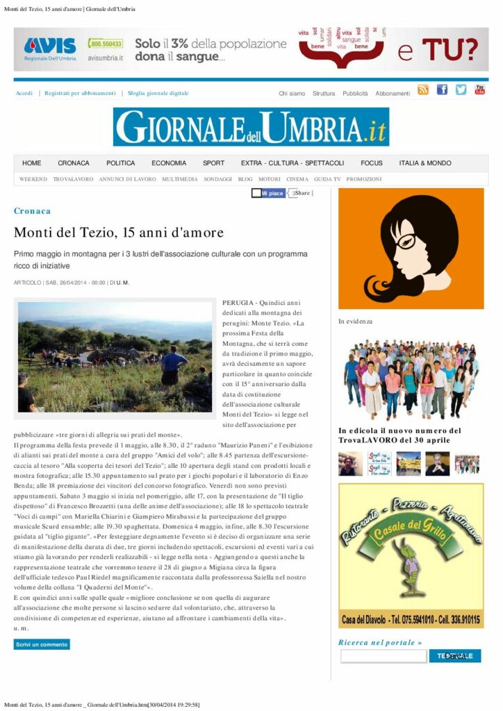 thumbnail of 26.04.2014 Giornale dell’Umbria – Monti del Tezio 15 anni d’amore